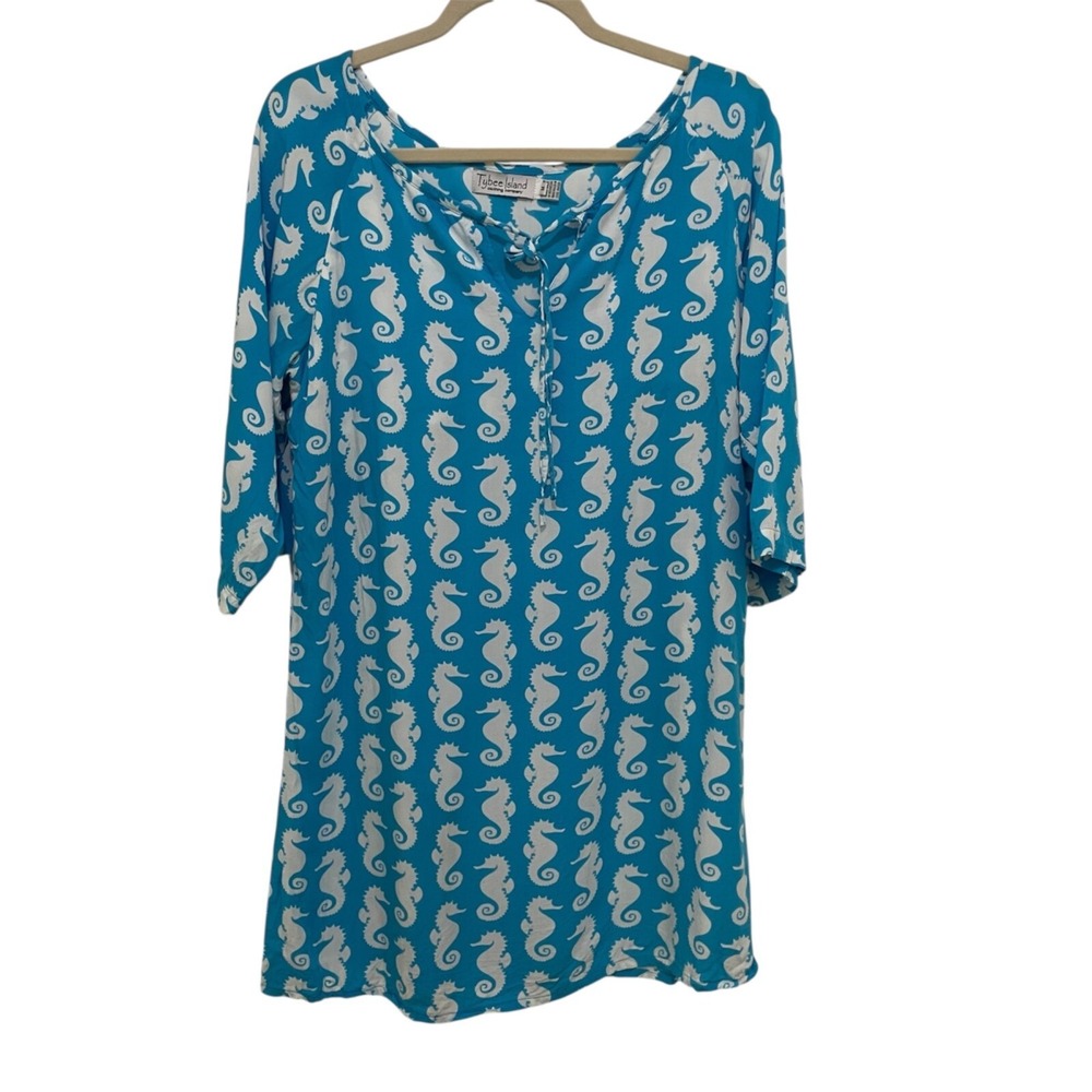 Tybee Island Seahorse Tunic Top Womens Medium Blue White Beachwear Vacation
